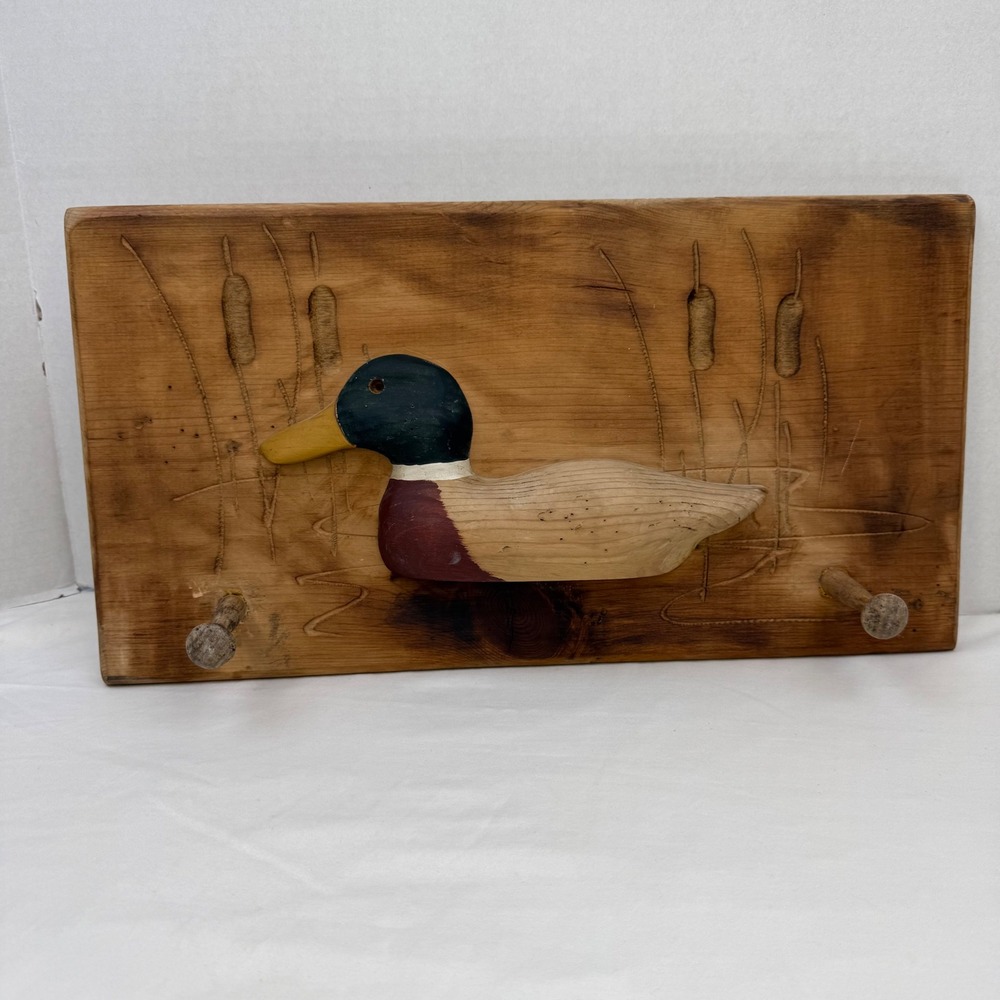 Vintage Hand Carved Wood Mallard Duck Wall Plaque Hat Rack Rustic Cabin Decor